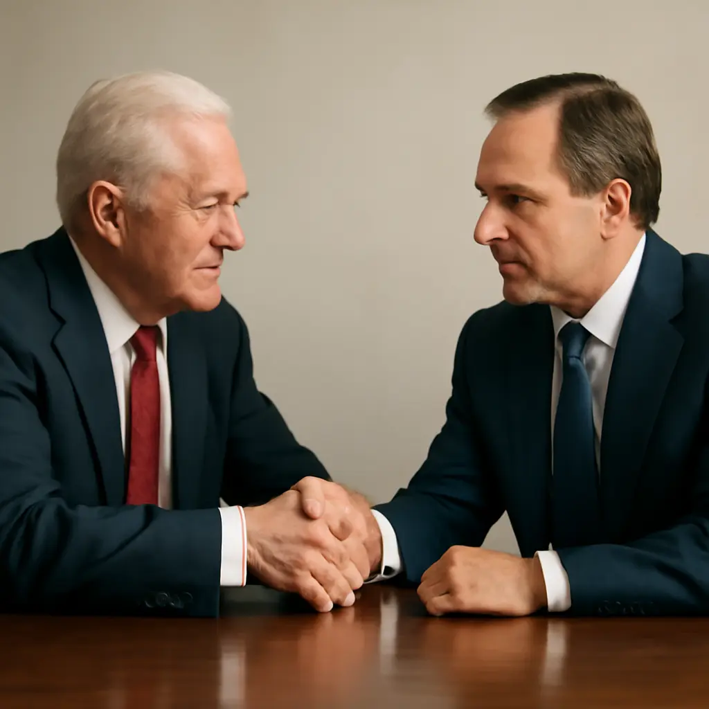 Two political leaders shaking hands symbolizing bipartisan promises