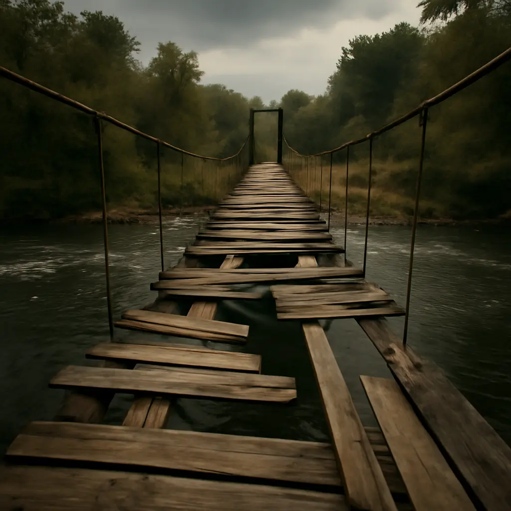 A bridge with missing planks symbolizing fragile political agreements