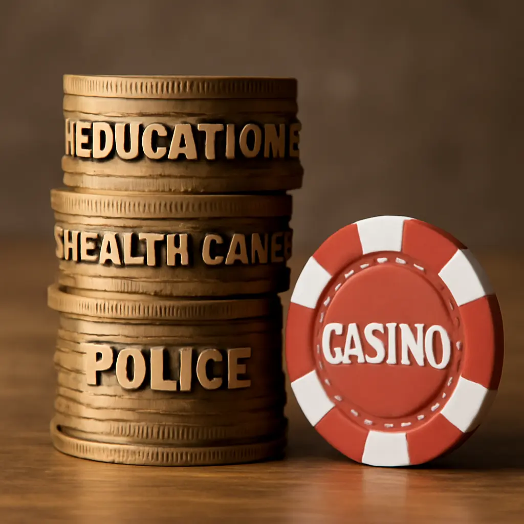 Stacked coins with labels showing budget priorities and a casino chip
