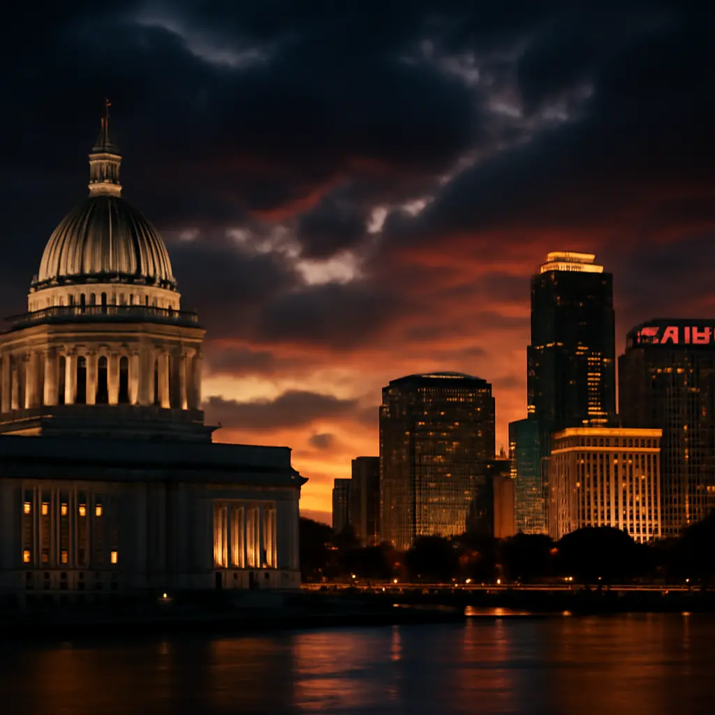 Capitol building silhouette with a blurred casino skyline in the distance