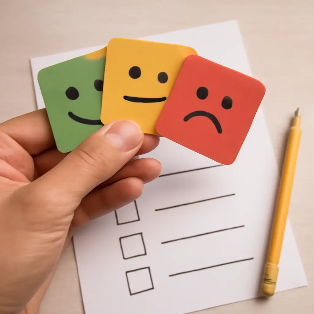 A hand holding rating cards above a checklist