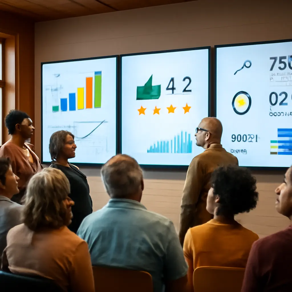 Citizens engaging with government reform Diverse group of citizens reviewing government performance data on digital screens at a town hall