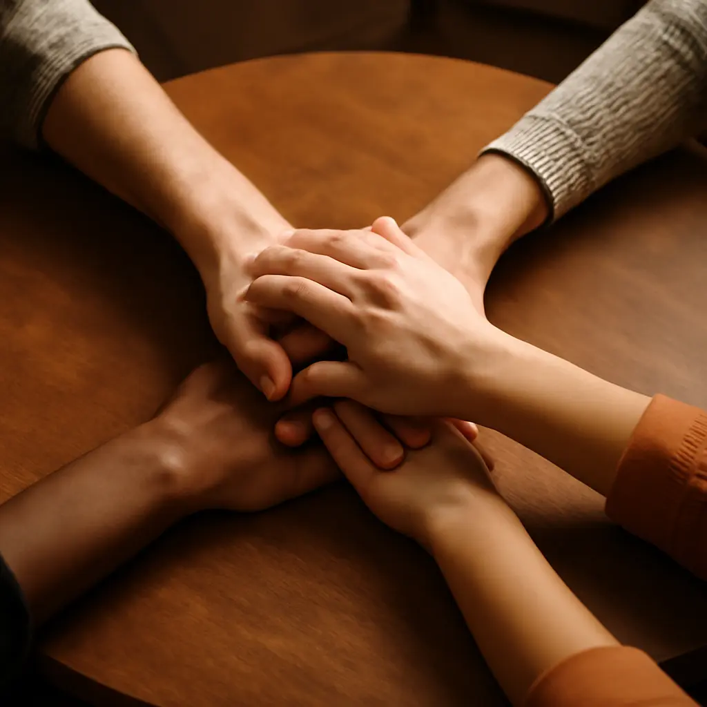 Collaborative governance concept Hands coming together over a table symbolizing collaboration