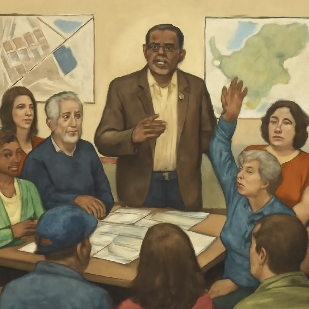 Community members at a public meeting discussing district maps