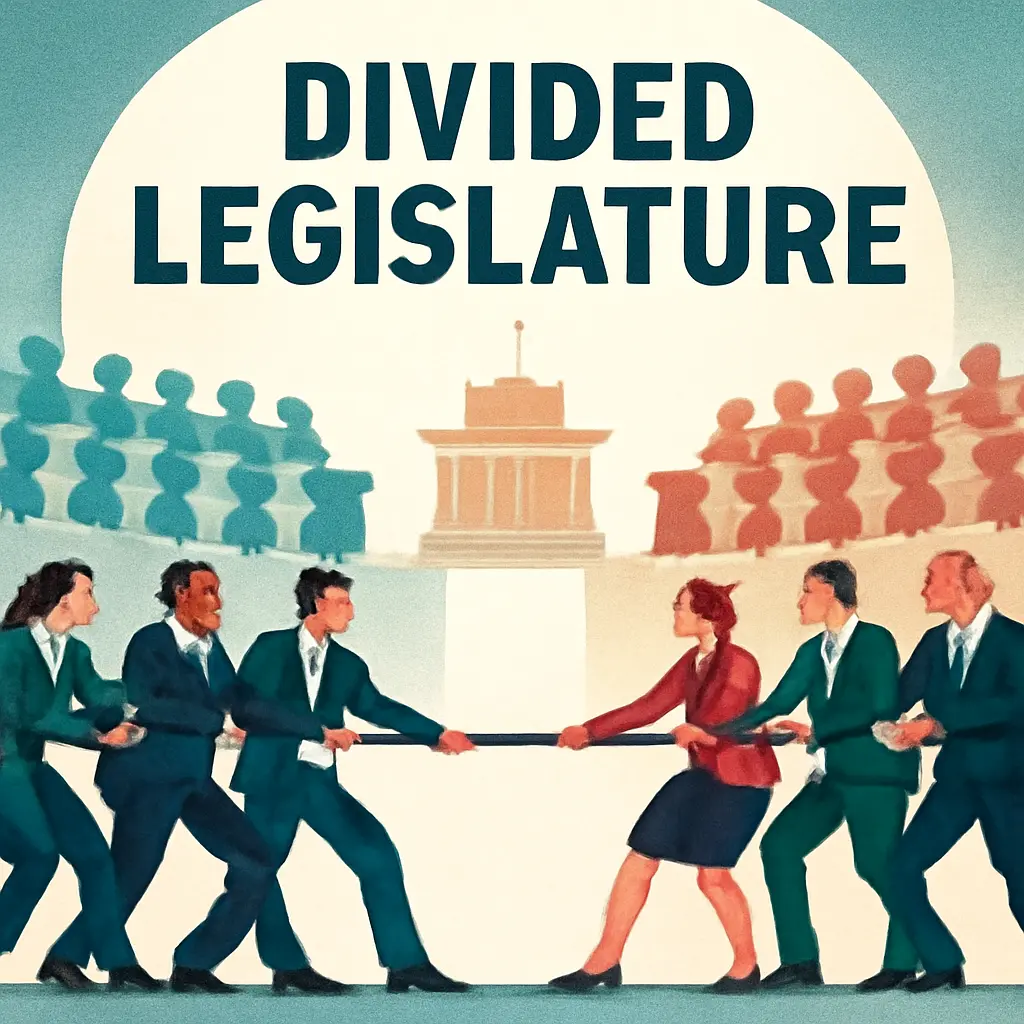 Congress gridlock visualization Illustration of a divided legislature with stalled bills
