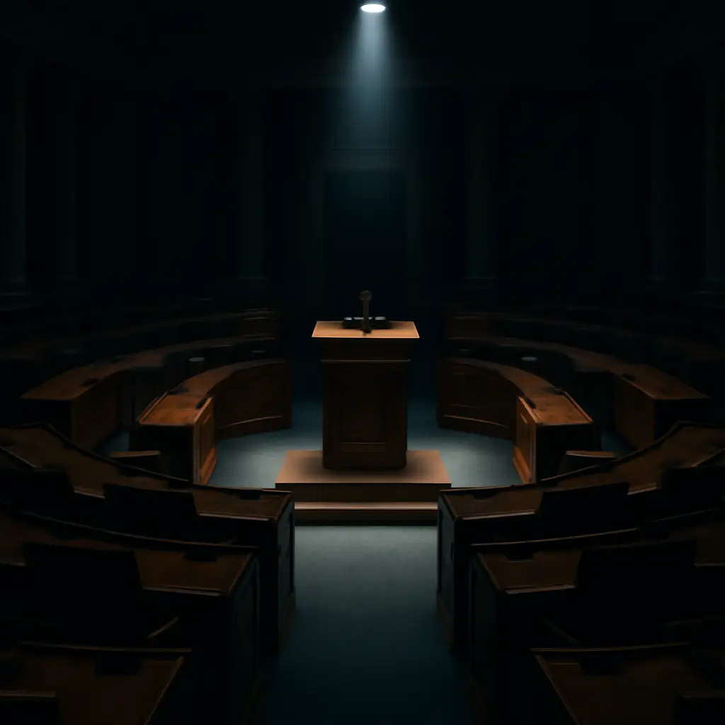 Legislative process and gridlock Empty legislative chamber with spotlighted podium