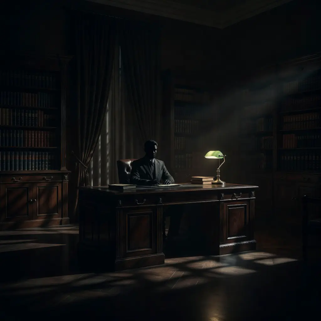 Political influence over independent regulatory body Silhouette of government official at desk in formal office representing political interference in independent regulatory oversight of online gambling