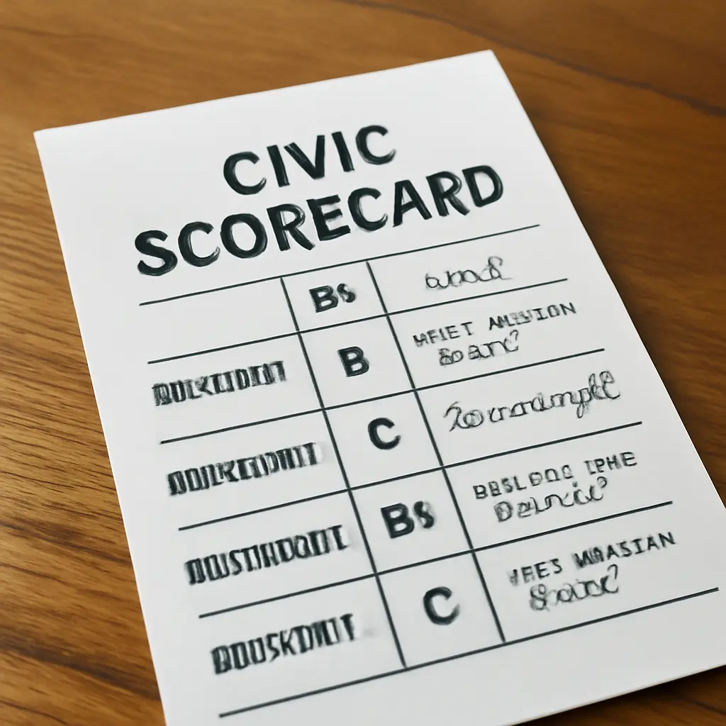 A printed civic scorecard with ratings and notes for local elected officials