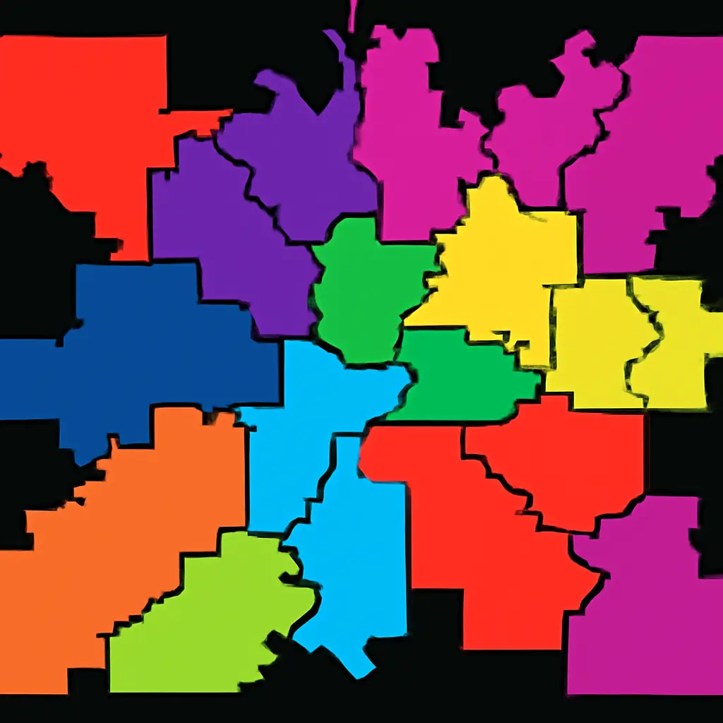 Colorful overlay of district maps showing irregular boundaries